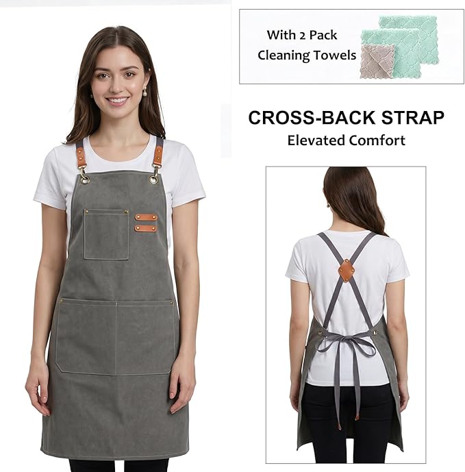 ZOMAO Chef Apron, Apron for Men Women with Adjustable Straps Cotton Canvas Cross Back Adjustable Apron with Pockets for Women and Men(Grey)