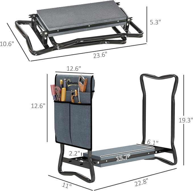 Outsunny Garden Kneeler Seat Stool Bench Kneeling Pad and 1 Large Side Tool Pouch & Easy Folding Design for Storage, Gray