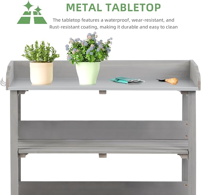 Outdoor Wooden Potting Bench Table, Garden Wood Workstation Planting Table with Metal Top, Storage Shelf, and 3 Hooks for Gardening, Grey