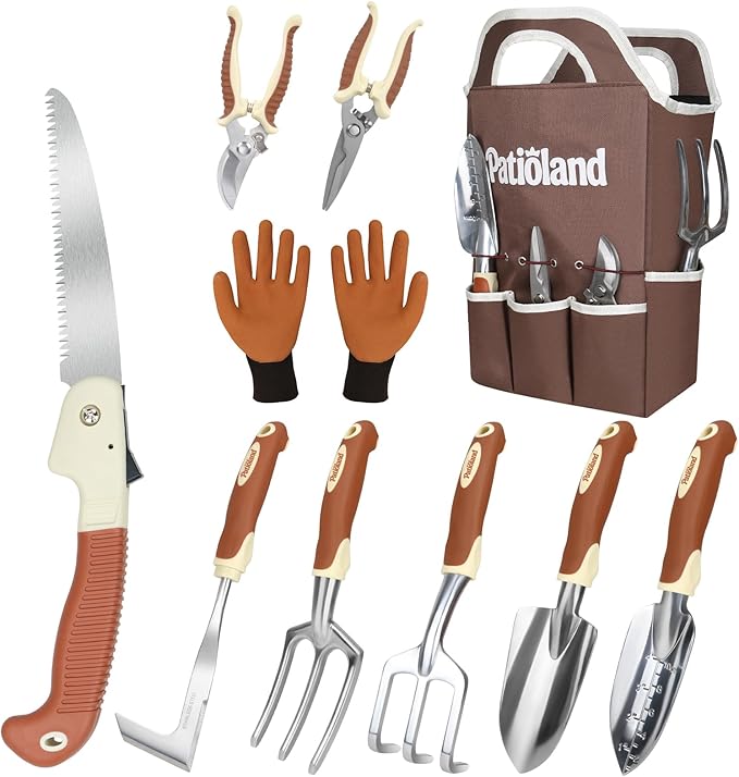 10-Piece Garden Tool Set, Brown Gardening Hand Tools Kit with Ergonomic Non-Slip Handles, Heavy Duty Rust-Proof Aluminum Tools, Organizer Tote Bag & Gloves, Ideal Gardening Gifts for Women and Men