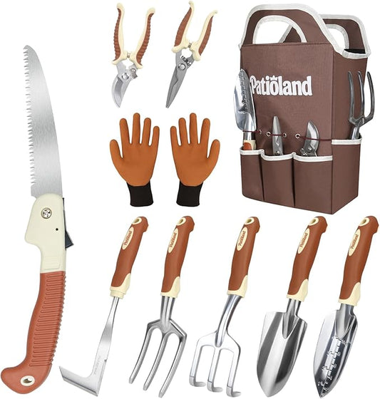 10-Piece Garden Tool Set, Brown Gardening Hand Tools Kit with Ergonomic Non-Slip Handles, Heavy Duty Rust-Proof Aluminum Tools, Organizer Tote Bag & Gloves, Ideal Gardening Gifts for Women and Men
