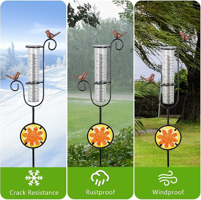 Rain Gauge Outdoor, Hummingbird Rain Gauge, Metal Rain Measure Gauge with Stained Glass, Decorative Rainfall Measurement for Patio, Lawn, Garden Decor