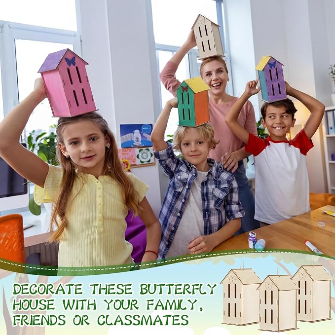 DoubleFill 48 Pack Wood Butterfly House Painting Crafts Kits My First Butterfly House DIY Art Craft Kit with Hemp Rope DIY Cedar Wooden Birdhouse for Building Bee Ladybug Habitat (No Paint