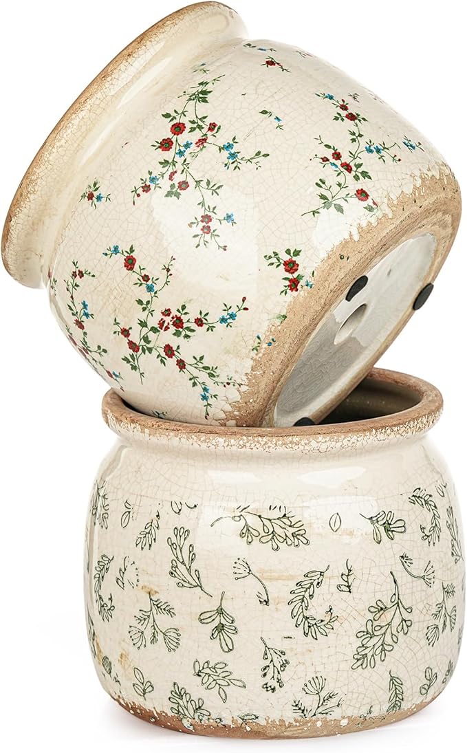 Sungmor Set of 2 Farmhouse Ceramic Planters with Drainage Hole,Vintage Crackle Glaze Flower Pots, Tuscan Decor Pots for Indoor/Outdoor Herbs,Succulents and Small Flowers