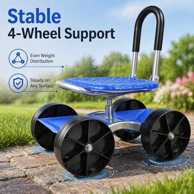 Garden Seat with Wheels, Knee Pain Relief, 360° Swivel Rolling Stool, Adjustable Seat Height 8.7"–13.8", Max Load 300 lbs, Tool Storage Tray, Foldable Outdoor Workseat for Patio Yard Planting Picking