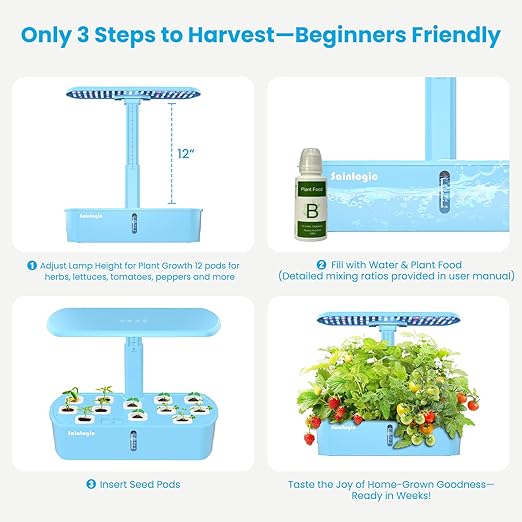 Sainlogic Hydroponics Growing System, 12 Pods Indoor Garden 24W Adjustable-Height LED Grow Light, Gift for Mom, APP & WiFi Smart Planter, Quiet Pump, Auto Timer, for Herbs Vegetables Flowers