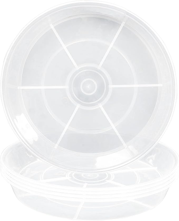VUWEZ 6 Pack Plant Saucer Tray, 4 6 8 10 12 15 16 18 20 inch Plant Saucers for Indoors, Durable Plastic Flower Plant Water Drip Trays Round, Pot Saucers, Plant Trays for Pots (4", Clear)