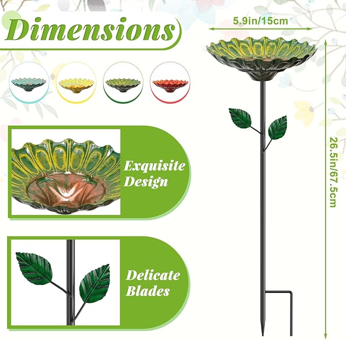 4PCS Flower Bird Baths for Outside, 5.9" Metal Hummingbird Bath with Adjustable Stake, Colorful Garden Birdbath Decor Set for Outdoors Yard Lawn Patio(4PCS Sunflower)
