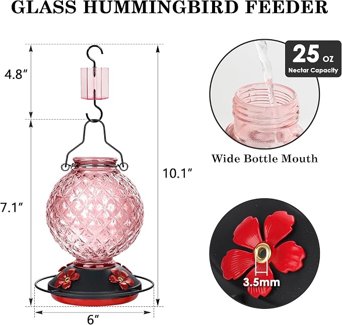 25 OZ Glass Hummingbird Feeder for Outdoors, Leak Proof Hummingbird Feeder with Ant Moat, 4 Bee Resistant Feeding Ports, Easy Clean Wide Mouth Design, 360° Perch, Hanging Nectar Feeder, Pink