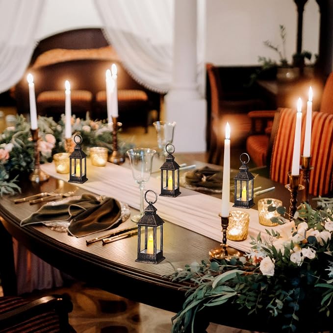 Hoolerry 24 Set 5.5'' Mini Lanterns with LED Candle for Wedding Centerpiece Vintage Decorative Hanging Small Lantern Battery Powered for Halloween Wedding Table Centerpiece(Rustic)