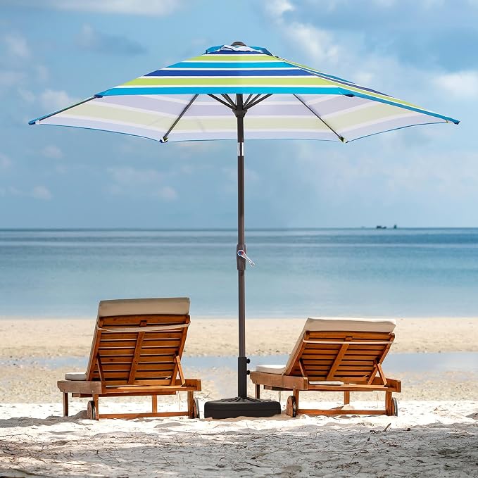 JEAREY 7.5FT Patio Umbrella Market Table Umbrella with 6 Sturdy Ribs, Push Button Tilt/Crank Outdoor Umbrella for Garden, Deck, Backyard, Pool and Beach,Bold Blue-Green Stripe