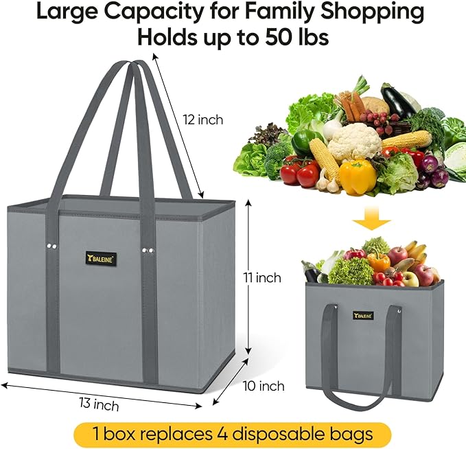 BALEINE 3Pk Reusable Grocery Bags, Foldable Shopping Bags for Groceries with Reinforced Bottom & Handles (Frost Abies)