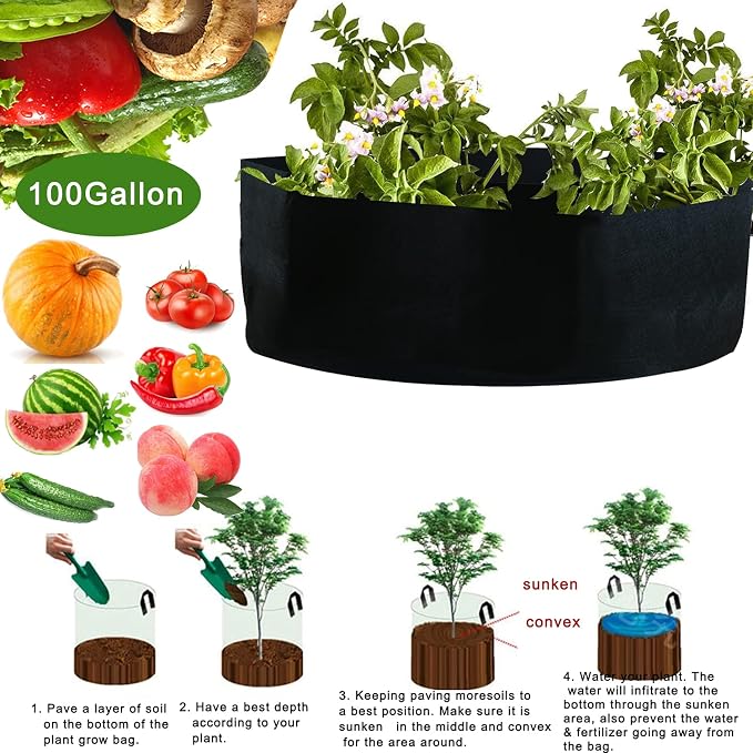 2-Pack 100 Gallon Large Non-Woven Grow Bags Reusable Thickened Durable Aeration Fabric Pot Black (100Gal_2Pcs)