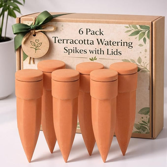 Honeydak 6pcs Large Terracotta Watering Spikes with Lids 7'' Automatic Plant Waterer Self Watering Stake Planter Insert Slow Release Device for Bottles 8-12'' Pot Plants Indoor Outdoor Garden Vacation