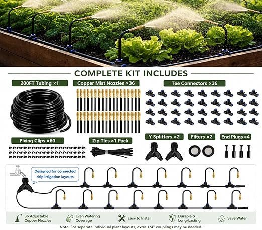 Automatic Garden Irrigation System 200FT, Upgraded Drip & Spray Watering Kit with 36 Adjustable Copper Nozzles for Raised Beds, Outdoor Garden, Lawn, Potted Plants & Greenhouse (200ft)