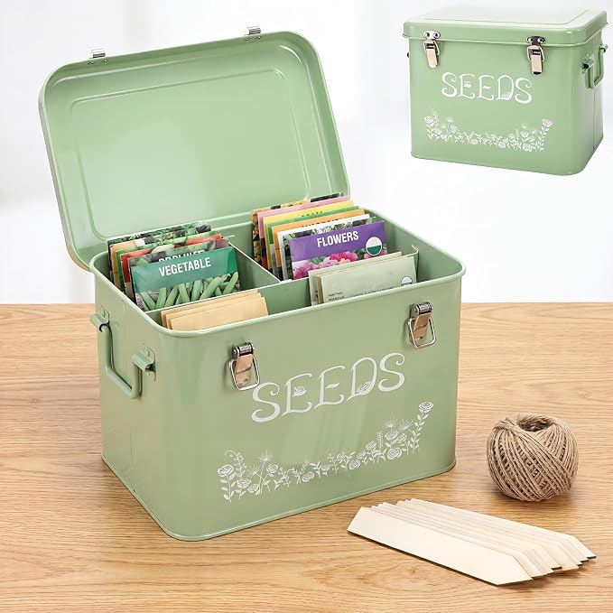 Covzoe Seed Storage Organizer, Metal Seed Saving Box with Garden String and 10 Wood Plant Labels, 3 Compartment Seed Container Bin with Lid and Safety Locks, Perfect for Flower Plants Garden Lover