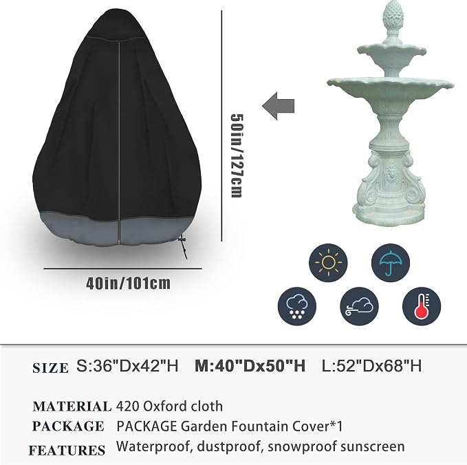 MBOOM Outdoor Fountain Cover 40" D x 50" H, Heavy Duty 600D Waterproof Water Fountain Cover for Winter, Windproof Garden Fountain Cover, All Season Protection, Black and Gray