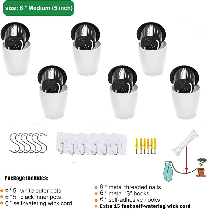 ORIMERC 6 Pack Hanging Planter Wall Planter Self Watering 5 inch Plant Pot with Hardware Vertical Planter Outdoor Indoor Plants Herb Garden Home Décor Kitchen Balcony Railing Shelf Fence (Medium)