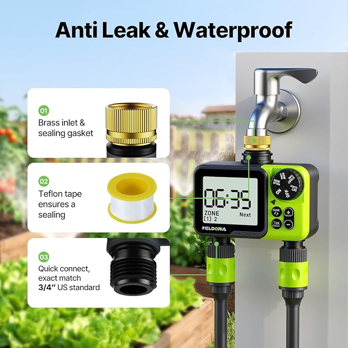 Sprinkler Timer- Water Timer for Garden Hose, Brass Inlet Programmable Watering Timer, Rain Delay Outdoor Soaker Auto& Manual Irrigation Controller System for Yard Lawn Greenhouse, 2 Outlets