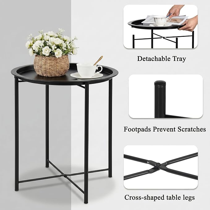 VECELO Side/End Table, Folding Round Metal Anti-Rust and Waterproof Outdoor or Indoor Tray for Living Room Bedroom Balcony and Office, 2 PCS, Black