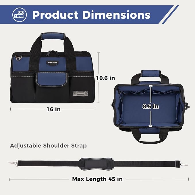 16-Inch Heavy Duty Tool Bag, 22 Pockets Empty Tool Box Organizer Storage, Soft Tote Toolbox Organization Portable Handle Carrying Work Toolbag, Father Day Gifts Men Electrician Mechanic, Blue
