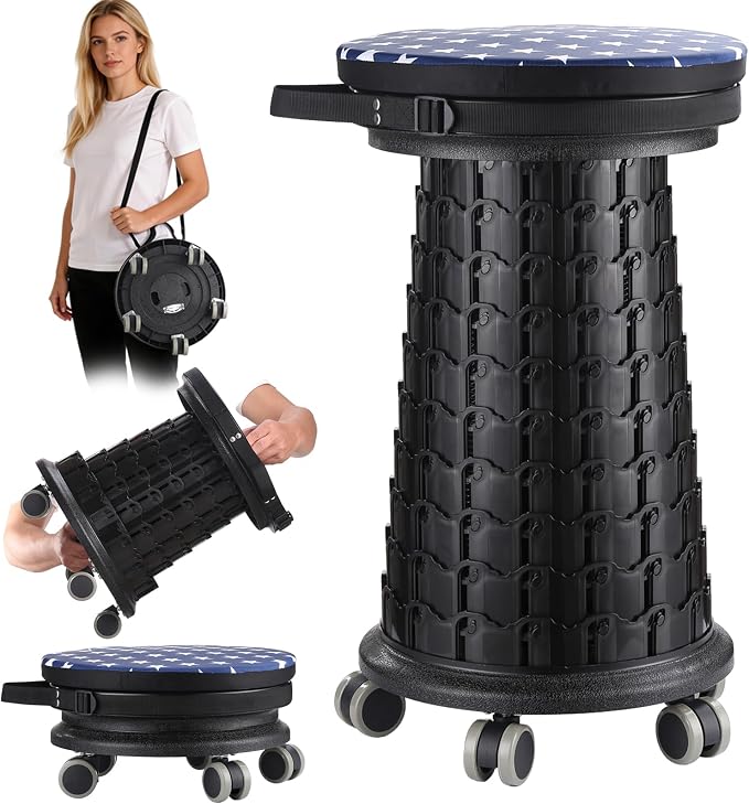 2026 Upgraded 3XL Rolling Collapsible Stool with Wheels | 1000lbs Capacity, 24-in Taller & 13-in Wider Retractable Stool for Adults, Thick Swivel Cushion & 5 Silent Casters, for Home, Garage, Kitchen