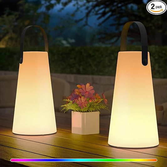 2 Pack Outdoor Lanterns, GGII Rechargeable Cordless Outdoor Table Lamp with IP44 Water-Resistant, Battery Operated Portable Hanging Outdoor Lamp RGB Colors for Patio Balcony Garden Camping Dining(TPU)