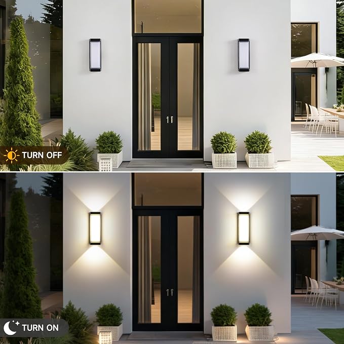 Modern Outdoor Wall Lights 24W LED Exterior Wall Sconces Light Fixtures, Black Aluminum Wall Mount, 3000LM 3000K Porch Lights with Double Lampshades, IP65 Waterproof for Garage Patio Entryway