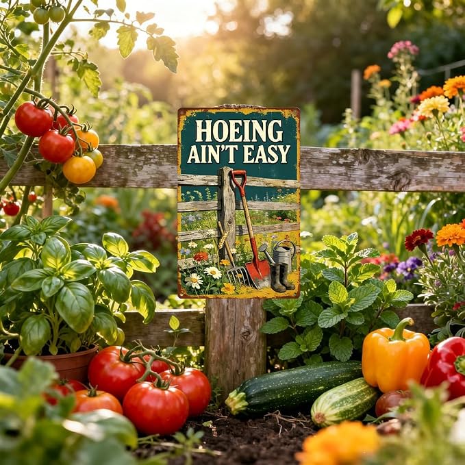Hoeing Ain't Easy Metal Sign, Aluminum Garden Wall Art for Vegetable Patch Outdoor Funny Farmhouse Gardener Decor for Men Women 12x8 Inch(3016)