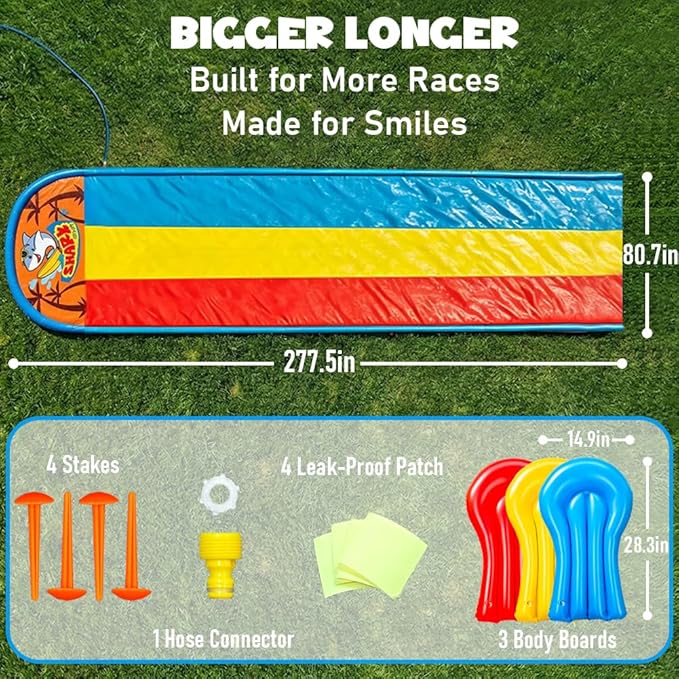23FT Triple Water Slide with 3 Inflatable Bodyboards, Lawn Slip Splash Slide with Built-in Sprinkler, Backyard Outdoor Summer Water Toy for Kids and Adults