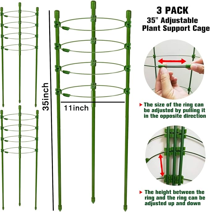 Legigo 3 Packs Plant Support Cages Tomato Cage for Garden- 36 Inch Adjustable Garden Cucumber Trellis Plant Stakes, Trellis Support Rings for Climbing Plants, Pots, Indoor Plants with 10 Plant Clips