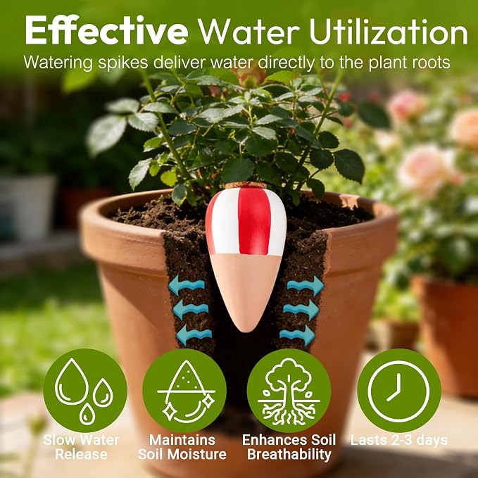 4 Pack Terracotta Watering Spikes, Plant Watering Devices Wine Bottle Automatic Plant Self Watering Spikes for Vacations, Clay Self-Watering Stakes for Indoor Outdoor Plants