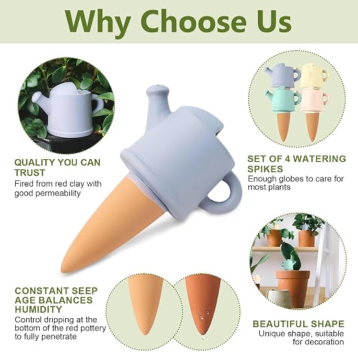 Joyeee 4 Pack Terracotta Watering Can Shape Spikes, Automatic Drip Irrigation Devices for Indoor Outdoor Potted Plants, Self Watering Spikes for Vacations with 100ml Capacity, 4 Mixed Colors