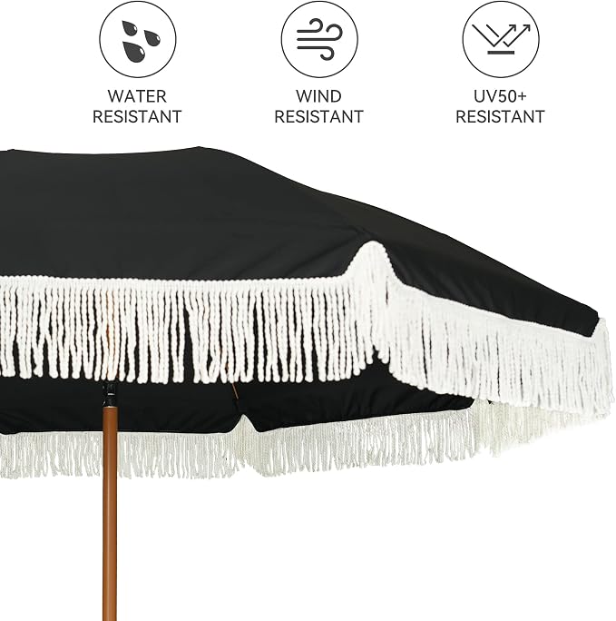 AMMSUN 7ft Patio Umbrella with Fringe Outdoor Tassel Umbrella UPF50+ Premium Steel Pole and Steel Ribs Push Button Tilt, Black