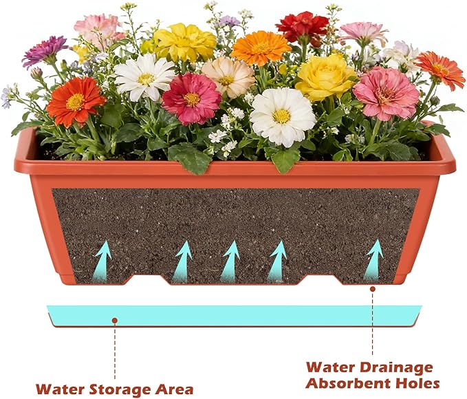 Railing Planter Boxes 17 Inches Rectangular Window Box Planters with Flower Box Brackets 2 Tier Adjustable Balcony Planters for Indoor Outdoor Herb Plants Hanging Porch Fence Rail