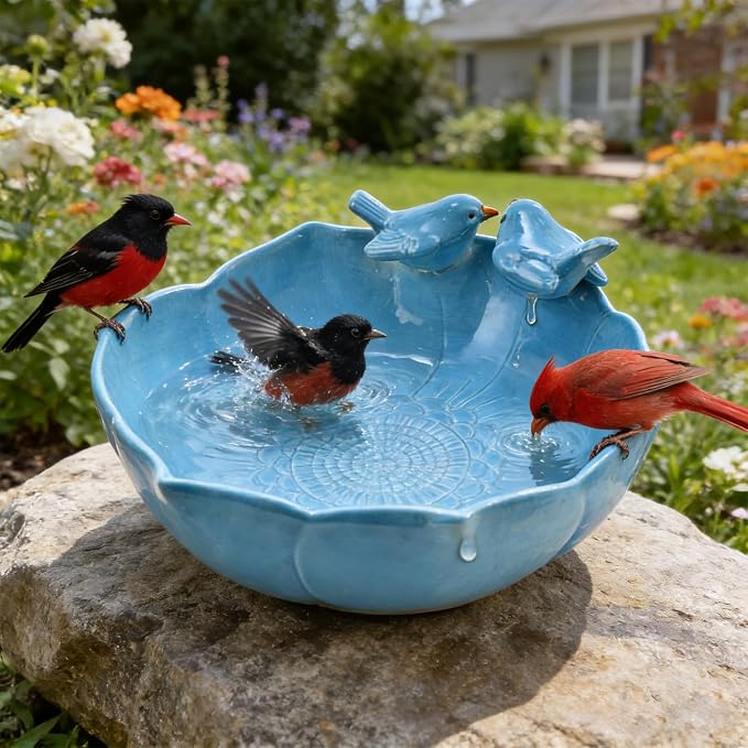 Ceramic Bird Bath for Outdoors, 10.1” Glazed Ceramic Bird Baths Bowls and Feeders for Outside, UV/Frost-Resistant Finish Ground Garden Table Top Bird Baths Decor for Patio Yard Home Green