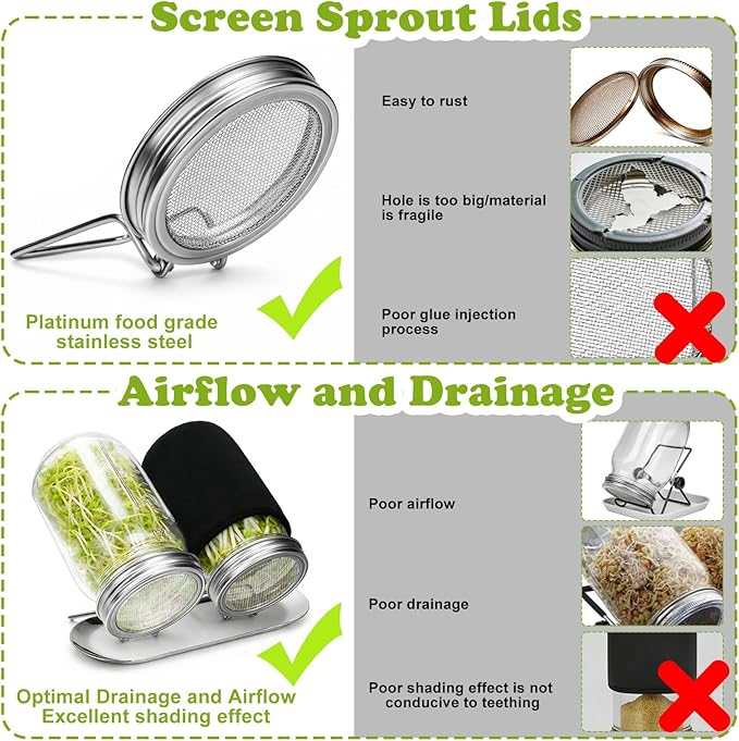 Palksky Sprouting Kit with Stainless Steel Screen Sprouting Lids & Glass Mason Jars & Light-Blocking Sleeves, 2Pack Premium Reusable Sprouts Growing Kit for Organic Broccoli Alfalfa Seeds Bean Sprouts