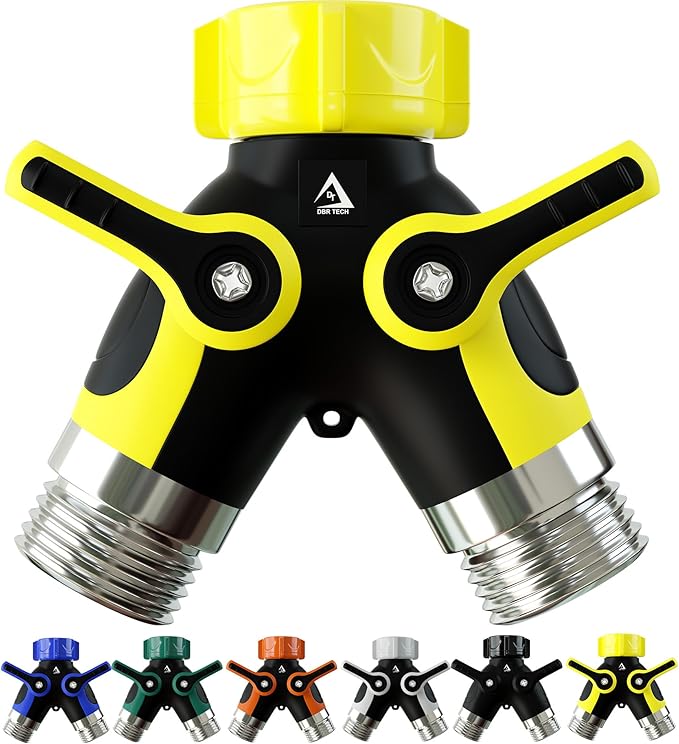 DBR Tech® Hose Splitter 2 Way, Heavy Duty Metal Connector, Two Way Garden Hose Splitter, High Flow Spigot Faucet Bib Adapter, Solid Double Y Shut Off Valve for Outdoor Gardening Hoses, Yellow