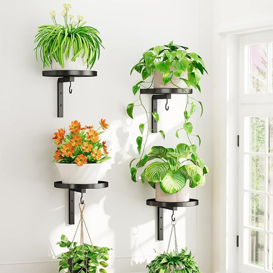 iDavosic.ly Wall Plant Holder Set of 4 for Indoor Outdoor, Metal Hanger with 4 Hooks, Floating Flower Display Stand for Window, Space Saving & Easy to Assemble (Pots/Chains/Plants Not Included)