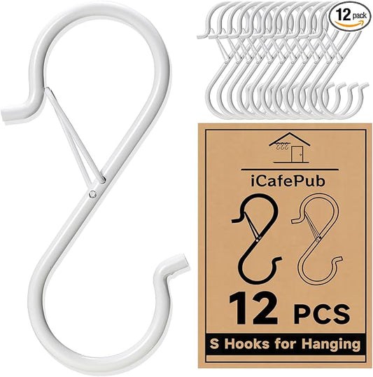 12 PCS S Hooks for Hanging with Safety Buckle, 3.5 inch Heavy Duty Metal S Shaped Hooks Stainless Steel for Hanging Kitchen Utensil, Cups, Pots, Plants, Bags, Hats (White)