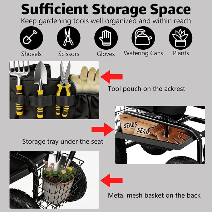 Garden Seat with Wheels, 400lbs Rolling Garden Stool, with Height Adjustable & 360° Swivel Seat, Tool Tray & Storage Basket, Outdoor Gardening Scooter, Garden Cart Workseat for Yard, Patio