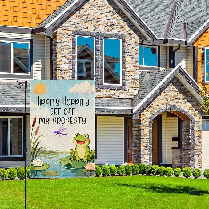 Perfectinsoy Hippity Hoppity Get Off My Property Funny Garden Flag, Doormat Human Rights Yard Banner, Cute Frog Flags, Humor Welcome Yard Farmhouse Lawn Summer Outdoor Decor, Housewarming Flag Gifts