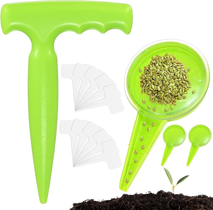 M METERXITY 1-Set Seed Planter Tool, Plastic Hand Dibber Garden Tool with Handle for Sowing Seeds/Transplanting/Planting Bulb, Handheld Digging Hole Punch [Light Green, with Plant Labels]