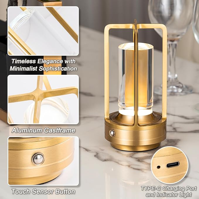 Cordless Table Lamp Rechargeable, Battery Operated Crystal Lamp, Stepless Dimming Touch Control, 3 Color LED Bedside Night Light for Bedroom, Dining Room, Outdoor Camping, Gold (2 Pack)