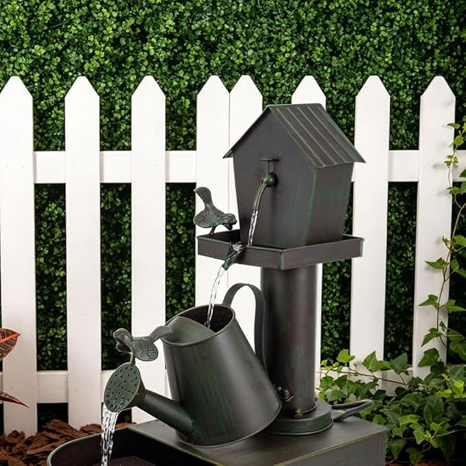 Garden Water Fountain Outdoor, 23" Vintage Waterfall Fountain, Rustic Distressed Green Outdoor Water Fountain with Tilted Watering Can for Yard Patio Decor
