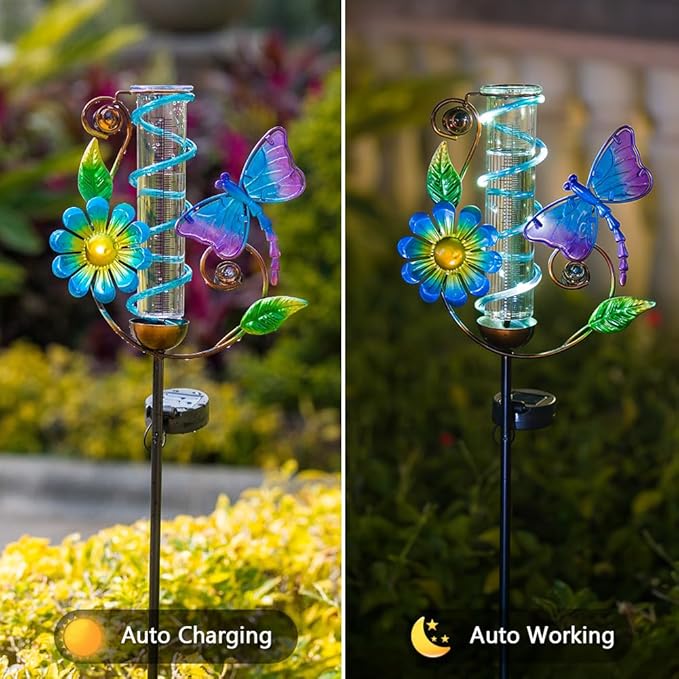 Rain Gauge Outdoor, Solar Rain Gauges for Yard, Freeze Proof Rain Gauge with 7" Plastic Tube, Metal Dragonfly Decorative Water Gauge with Led Light