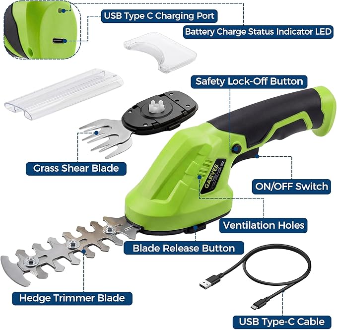 Cordless Hedge Trimmer & Grass Shear, 7.2V 2-In-1 Electric Handheld Shrub Trimme, Lightweight Rechargeable Bush Trimmers, Brushless Motor, with Type-C Cable, Dual Safety Switch, for Lawn, Garden, Yard