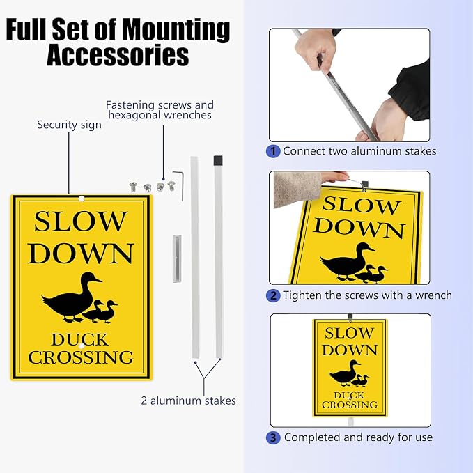 Duck Crossing Sign With Stakes Slow Down Sign For Neighborhoods Reflective Rustproof Aluminium Yard Garden Stake Caution Sign Farm Lawn Walkway Decorations Animal Signs 8X12 IN