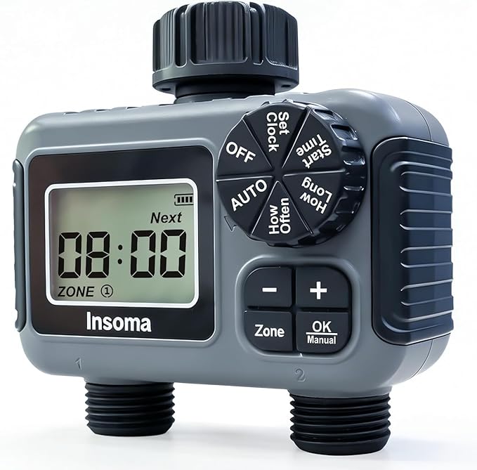 Insoma 2 Zone Water Timer, Programmable Irrigation Sprinkler Timer for Garden Hose, Outdoor Hose Faucet Timers with Rain Delay/Manual/Auto Modes, IPX5 Waterproof for Drip System & Lawn