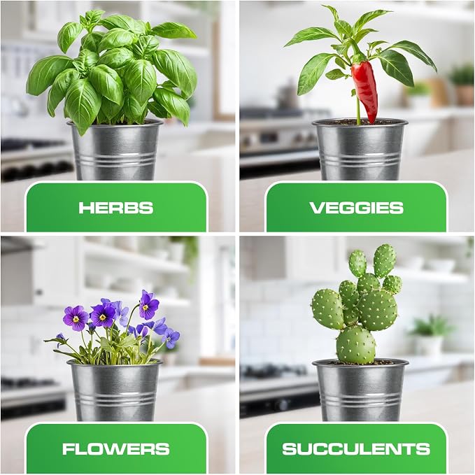 Plexon Herb Planter Indoor Garden Set of 3 with Tray, Metal Herb Pots for Indoor Plants, Round Kitchen Garden Kit Ideal for Windowsill Planter or Countertop, Galvanized Steel